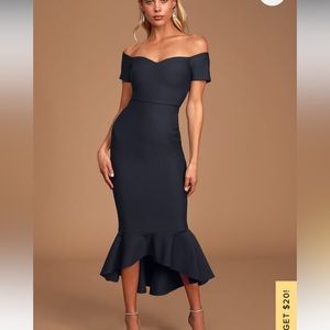 How Much I Care Midnight Blue Off-the-Shoulder Midi Dress